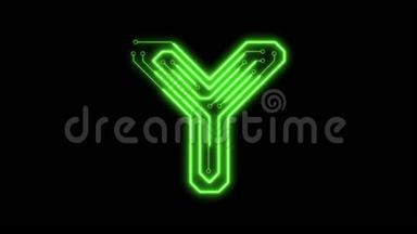 动画绿色霓虹灯发光字母字母Y作为电路板风格